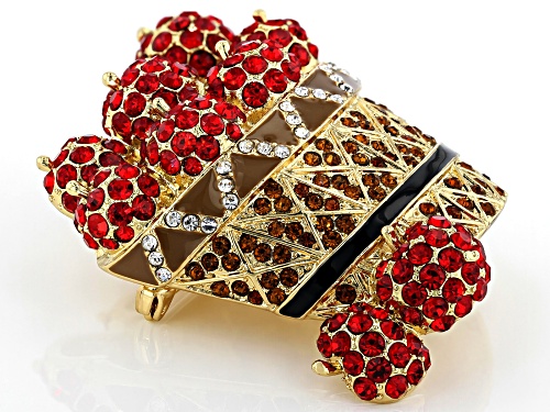 Off Park ® Collection, Red Crystal, Black & Brown Enamel Shiny Gold Tone Apple Basket Brooch