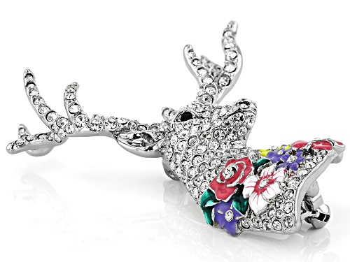 Off Park ® Collection, Round White & Black Crystal Multi-color Enamel Silver Tone Deer Brooch