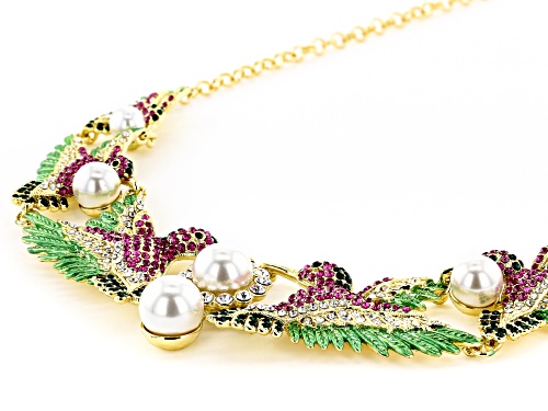 Off Park ® Collection, Multi-color Crystal With White Pearl Simulant  Gold Tone Hummingbird Necklace
