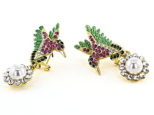 Off Park ® Collection, Multi-color Crystal With White Pearl Simulant  Gold Tone Hummingbird Earrings