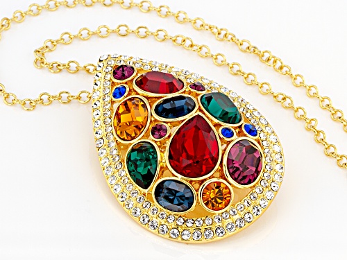 Off Park ® Collection, Multi-color Crystal Shiny Gold Tone Drop Pendant/Pin W/Chain