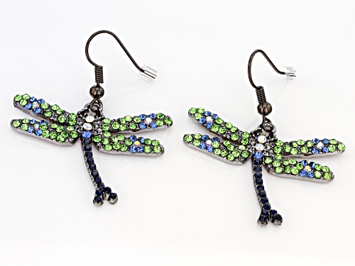 Off Park ® Collection, Green, Blue, and White Crystal Gunmetal Dragonfly Earrings