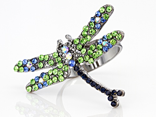 Off Park ® Collection,Green, Blue, and White Crystal Gunmetal Dragonfly Ring - Size 6