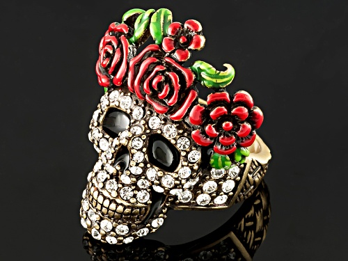 Off Park ® Collection White Crystal Multicolor Enamel Day Of The Dead Skull Ring - Size 6