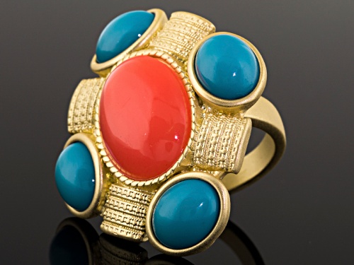 Off Park ® Collection Imitation Coral Imitation Turquoise Gold Tone Ring - Size 5