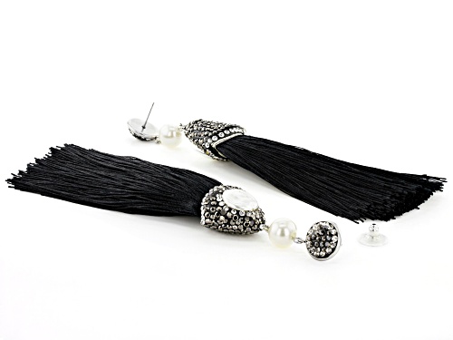Off Park® Collection White And Grey Iridescent Crystal, Pearl Simulant Gunmetal Tone Tassel Earrings