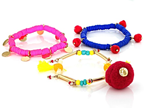 Off Park® Collection Multi- Color Beads & Cotton Pom Poms Childens stretch Bracelet Set Of 3 - Size 6