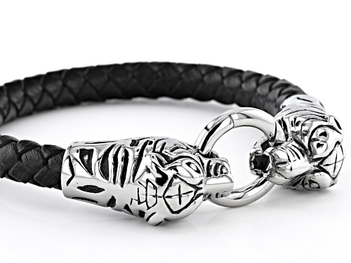Off Park® Collection, Black Leather Silver Tone Mens Tiger Bracelet