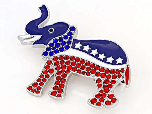 Off Park® Collection, Red & Blue Crystal W/ Red, White and Blue Enamel Silver Tone Elephant Brooch