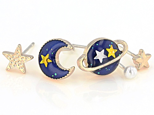 Off Park® Collection, Gold Tone Blue Enamel Saturn, Moon, and Star Set of 5 Earrings