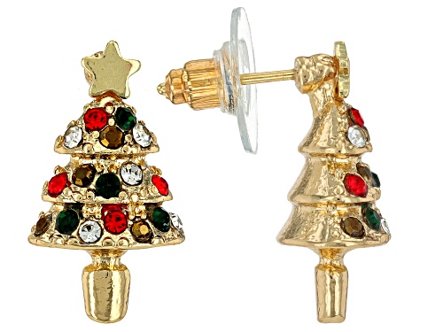 Off Park® Collection Multi-Color Crystal Gold Tone Reindeer & Christmas Tree Earrings Set of 2