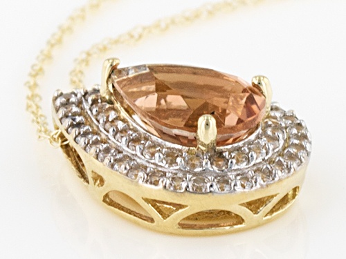 1.00ct Pear Shaped Peach Oregon Sunstone With .25ctw White Zircon 10k Yellow Gold Pendant With Chain
