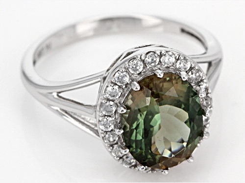2.50ct Oval Green Oregon Sunstone With .30ctw Round White Zircon Rhodium Over 10k White Gold Ring - Size 10