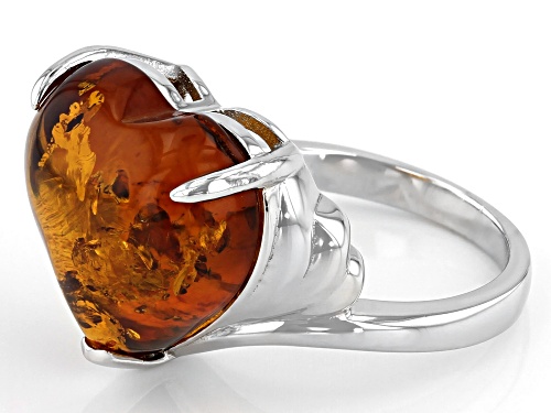 15mm x 15mm Heart-Shaped Cabochon Amber Rhodium Over Sterling Silver Solitaire Ring - Size 6