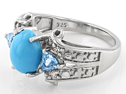9x7mm Oval Sleeping Beauty Turquoise, 0.56ctw Swiss Blue Topaz And Diamond Rhodium Over Silver Ring - Size 8