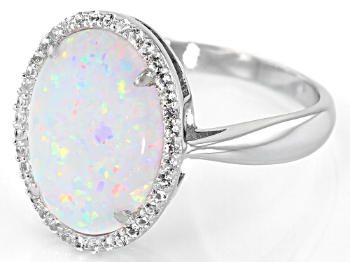 14x10mm Oval Lab Created Opal With 0.19ctw Lab Created White Sapphire Rhodium Over Silver Ring - Size 8