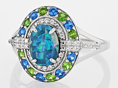9x6mm Opal Triplet With Chrome Diopside, Lab Blue Spinel & White Zircon Rhodium Over Silver Ring - Size 8