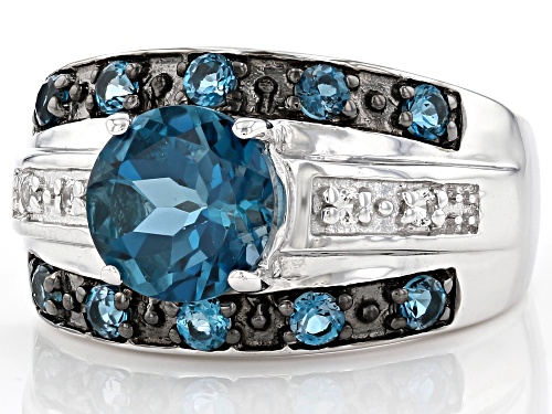 2.51ctw Round London Blue Topaz and 0.07ctw White Topaz Rhodium Over Sterling Silver Ring - Size 9