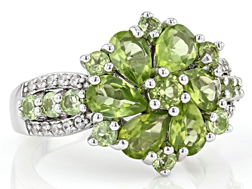 3.30ctw Pear-shaped, Round Manchurian Peridot With 0.26ctw Zircon Rhodium Over Sterling Silver Ring - Size 7