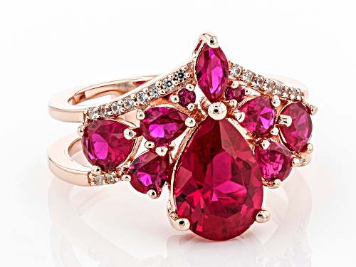 3.25ctw Lab Created Ruby With .09ctw Round White Zircon 18K Rose Gold Over Sterling Silver Ring. - Size 7