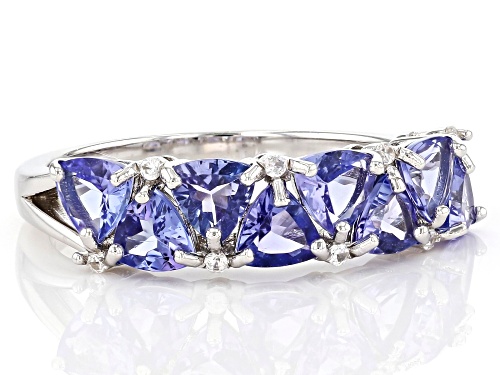 1.69ctw Trillion Tanzanite and 0.29ctw Round White Zircon Rhodium Over Sterling Silver Ring. - Size 8