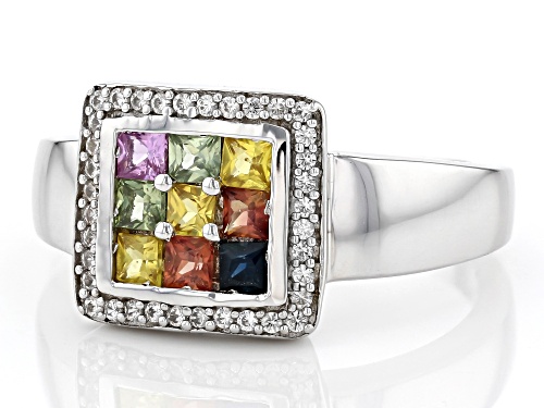 1.08ctw Square Multi Color Sapphire and 0.21ctw Round Zircon Rhodium Over Sterling Silver Ring. - Size 9.5