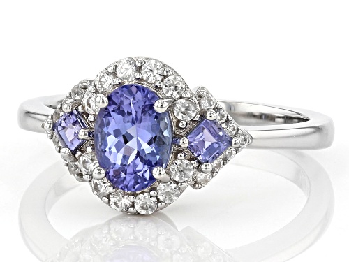 0.76ctw Mixed Shapes Tanzanite With 0.38ctw White Zircon Rhodium Over Sterling Silver Ring - Size 7
