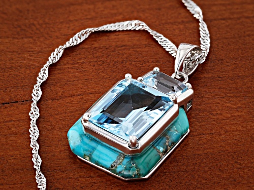 7.40ctw Glacier Topaz™ With Turquoise Rhodium Over Silver Pendant With Chain