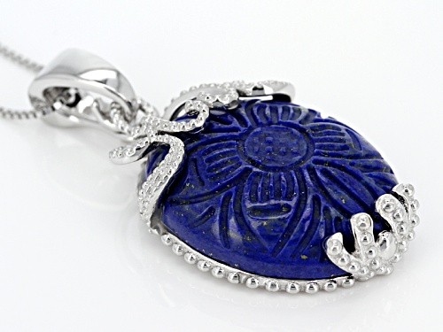 Pre-Owned 25x20mm Oval Carved Floral Lapis Lazuli Sterling Silver Enhancer With Chain