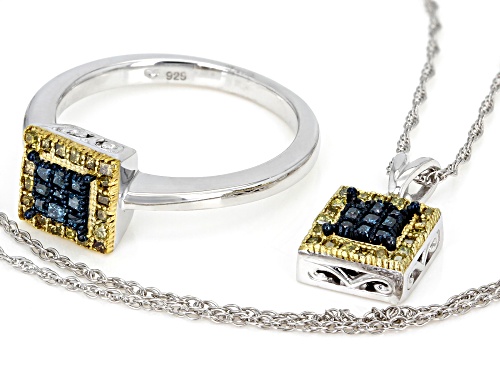 Pre-Owned .50ctw Baby Princess Cut Blue And Yellow Diamond Rhodium Over Sterling Silver Jewelry Set