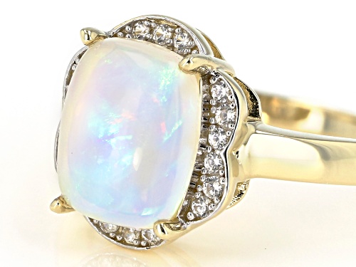 Pre-Owned 1.85ct Cushion Cabochon Ethiopian Opal With .15ctw Round White Zircon 10k Yellow Gold Ring - Size 10