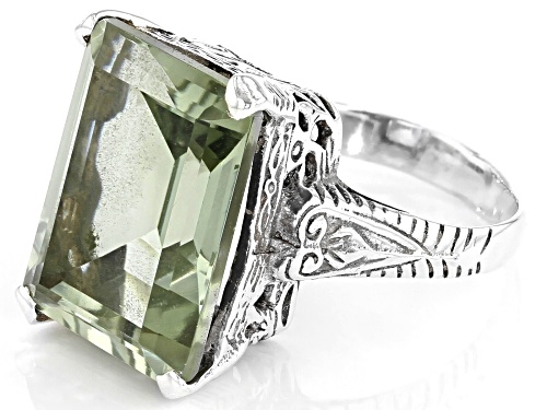 Pre-Owned 10.00ctw 12x16mm Rectangle Green Prasiolite Rhodium Over Sterling Silver Ring - Size 6