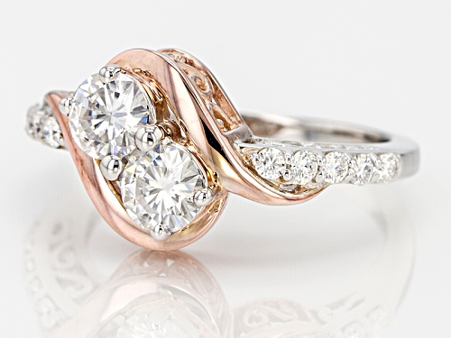 Pre-Owned Moissanite Fire ® 1.30ctw Dew Round Platineve™ And 14k Rose Gold Over Sterling Silver Ring - Size 9