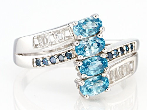 Pre-Owned 1.30ctw Blue Zircon With .21ctw White Topaz & Blue Diamond Accent Rhodium Over Sterling Si - Size 6