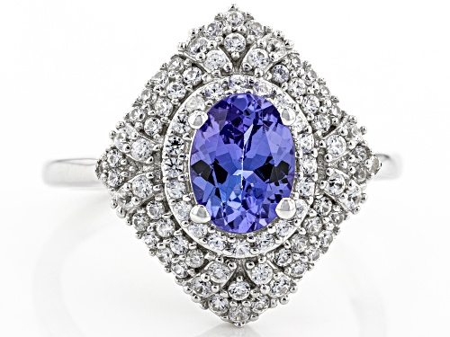 Pre-Owned 1.05ct Oval Tanzanite With 0.80ctw Round White Zircon Rhodium Over Sterling Silver Ring - Size 7