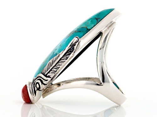 Pre-Owned Southwest Style By Jtv™ Fancy Shape Turquoise And Red Sponge Coral Silver Ring - Size 4