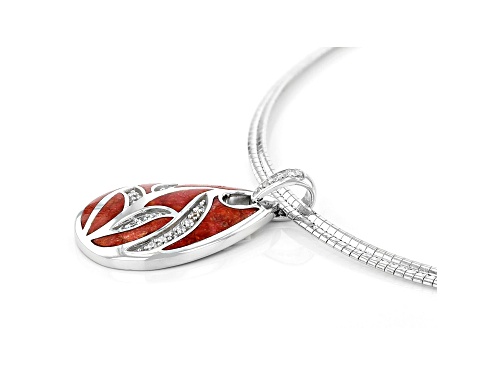 Pre-Owned Red Sponge Coral & White Zircon Rhodium Over Sterling Silver Pendant With Chain
