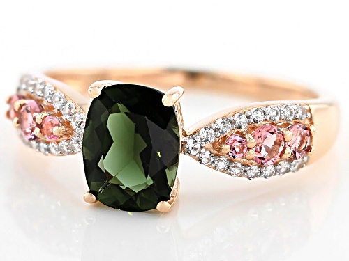 Pre-Owned 1.12ct Green Tourmaline, .27ctw Pink Tourmaline and .21ctw White Zircon 14k Rose Gold Ring - Size 7