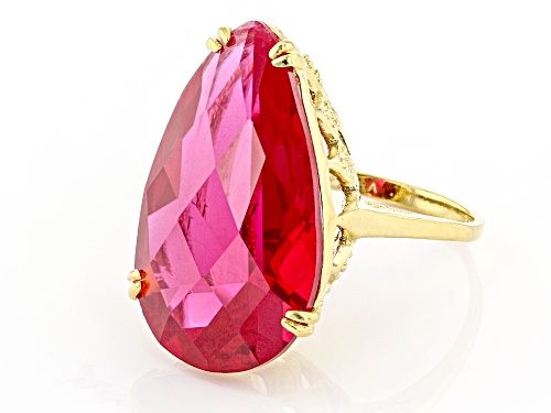Pre-Owned 18.00ct Pear Shaped Lab Created Ruby 18K Yellow Gold Over Sterling Silver Solitaire Ring - Size 7