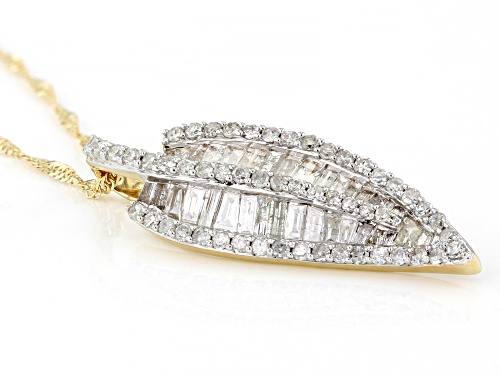 Pre-Owned 1.15ctw Baguette And Round White Diamond 10K Yellow Gold Leaf Pendant With 18 Inch Singapo