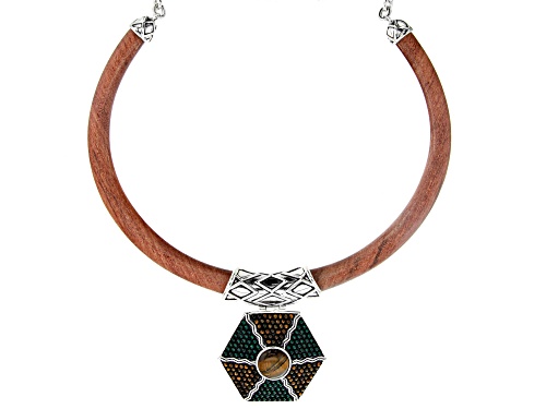 Pre-Owned Global Destinations™ Tiger's Eye And Green Onyx Silver Over Brass And Wood Necklace - Size 18