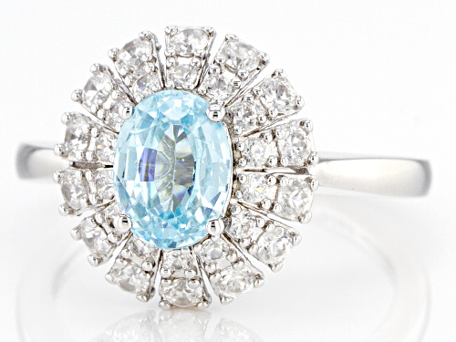 Pre-Owned 1.90ct Oval Blue Zircon With 1.00ctw Round White Zircon Rhodium Over Sterling Silver Ring - Size 6