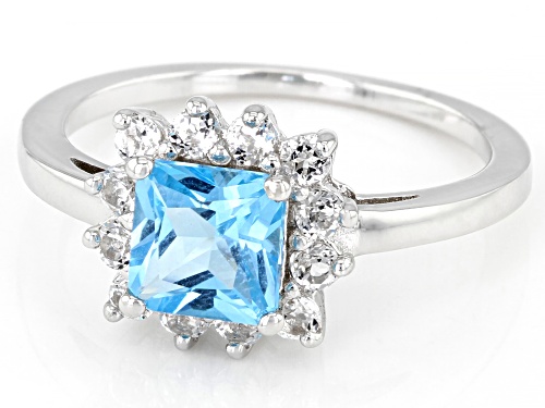 Pre-Owned 1.09ct Square Swiss Blue Topaz With 0.47ctw White Topaz Rhodium Over Sterling Silver Ring - Size 9