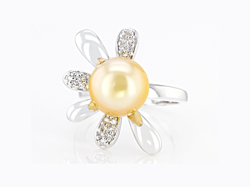 Pre-Owned Golden Cultured South Sea Pearl & White Topaz Rhodium Over Sterling Silver Ring - Size 10
