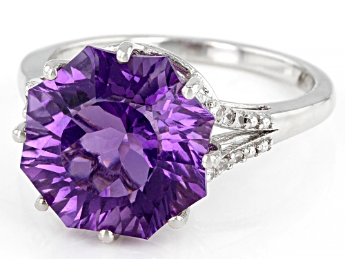 Pre-Owned 4.67ct Amethyst And 0.05ctw White Zircon Rhodium Over Sterling Silver Ferris Wheel Cut Rin - Size 6