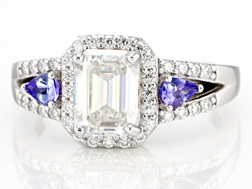 Pre-Owned MOISSANITE FIRE(R) 2.11CTW DEW EMERALD CUT & ROUND WITH TANZANITE PLATINEVE(R) RING - Size 7