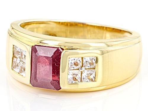 Pre-Owned 2.14ct Mahaleo® Ruby And 0.79ctw White Zircon 3k Yellow Gold Men's Ring - Size 9