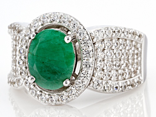 Pre-Owned 1.90ct Oval Emerald With 1.35ctw Round White Zircon Rhodium Over Sterling Silver Ring - Size 8
