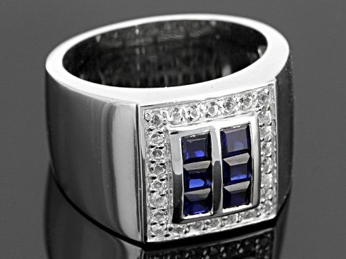 Pre-Owned 1.15ctw Square Lab Created Blue Sapphire With .45ctw White Topaz Rhodium Over Silver Men's - Size 12