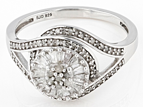 Pre-Owned 0.55ctw Baguette And Round White Diamond Platinum Over Sterling Silver Halo Ring - Size 6